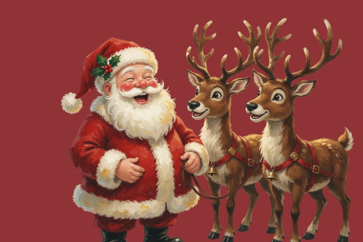 A laughing Santa with two reindeer